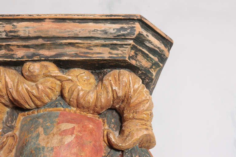 Wood 18th Century Italian Baroque Polychrome Carved Bracket with Shelf For Sale