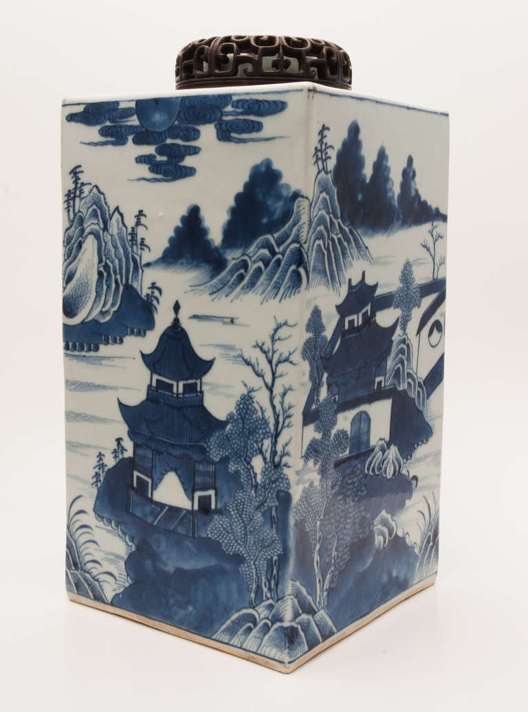 Porcelain 19th Century Chinese Export Canton Large Blue and White Tea Caddy For Sale