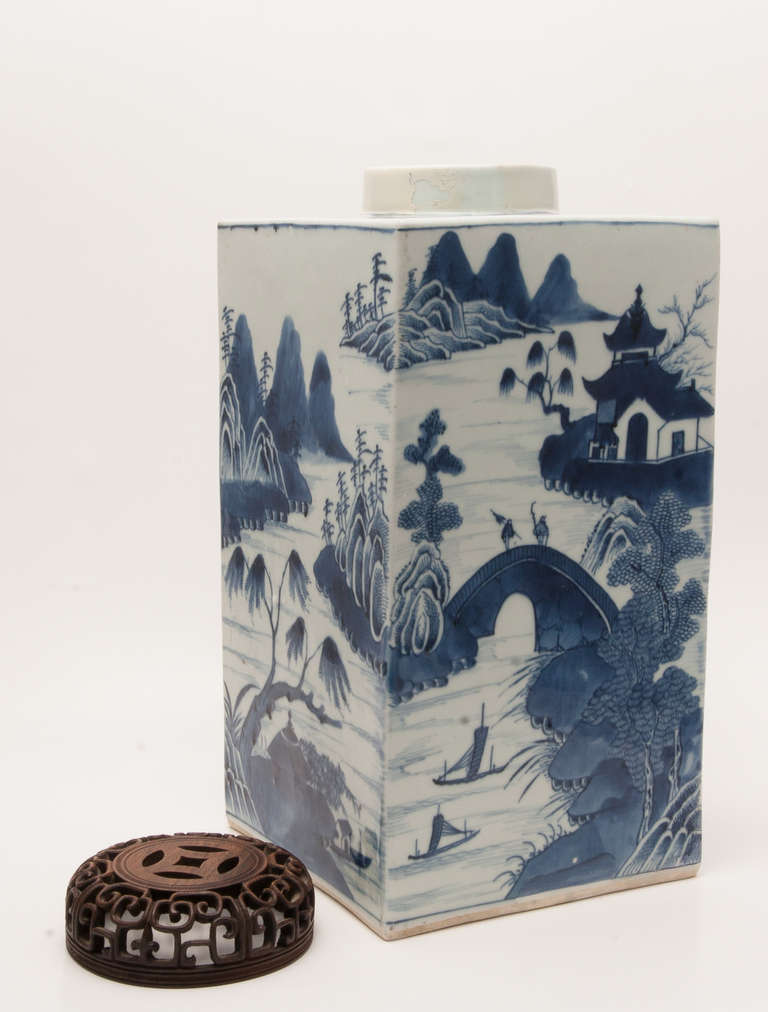 19th Century Chinese Export Canton Large Blue and White Tea Caddy For Sale 3