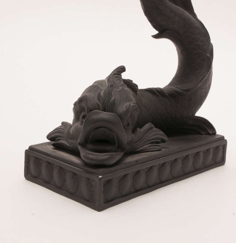 Neoclassical Wedgewood Black Basalt Dolphin Candlestick