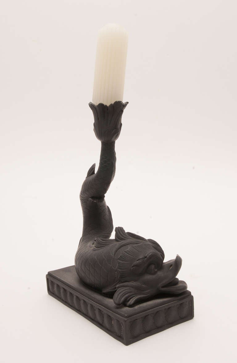 British Wedgewood Black Basalt Dolphin Candlestick
