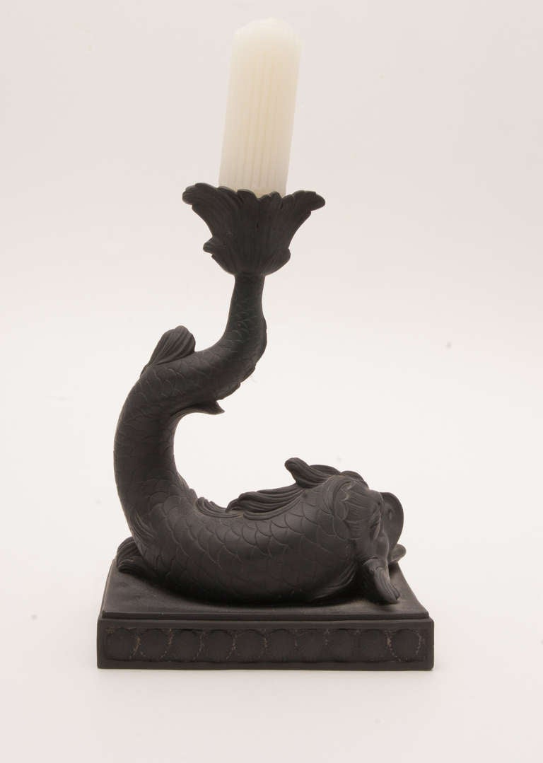 Wedgewood Black Basalt Dolphin Candlestick In Excellent Condition In Nashville, TN