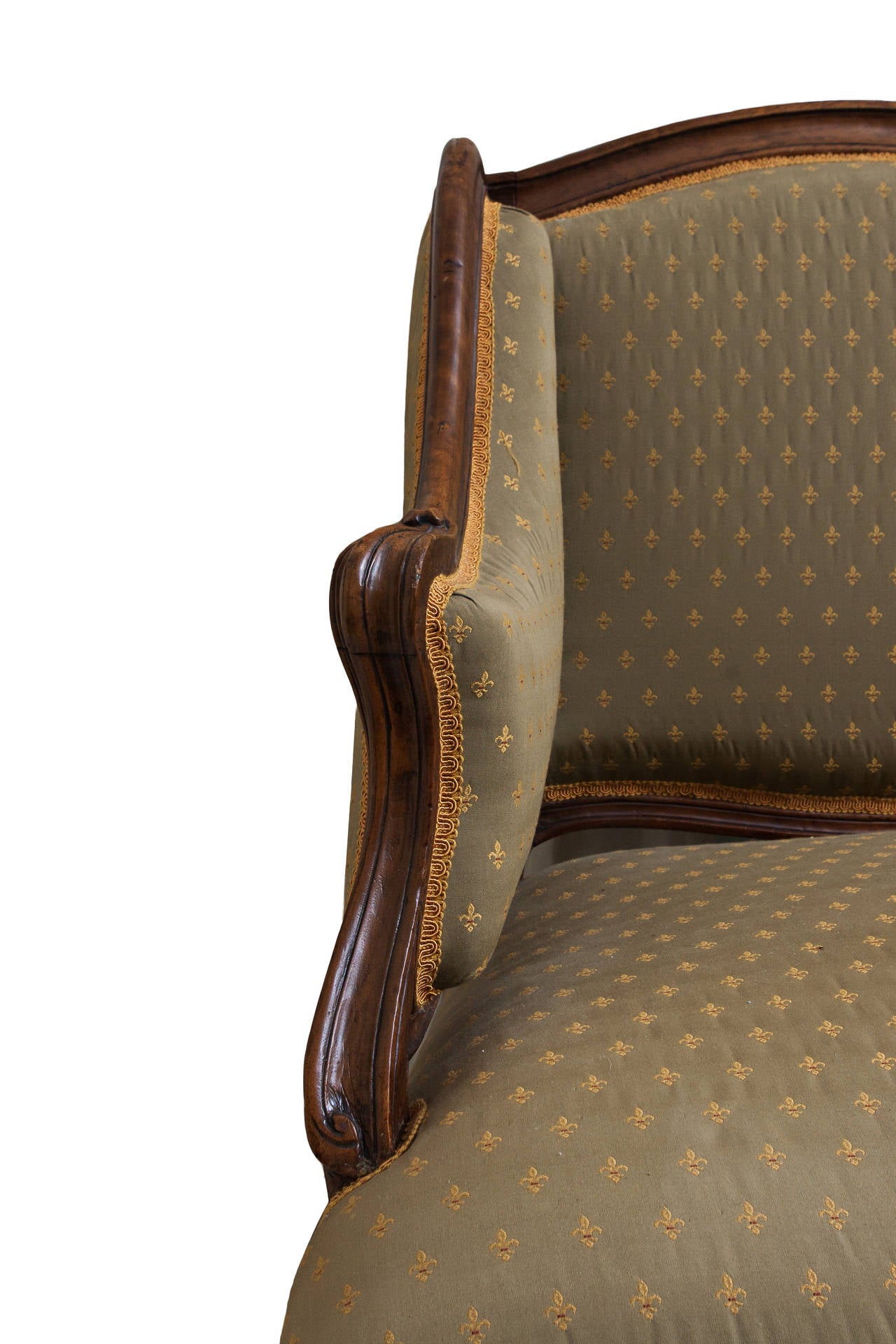 A long Louis XV style settee with Fleur De Lis upholstery. Beautiful golden trim on upholstery leading to the dark wood frame.