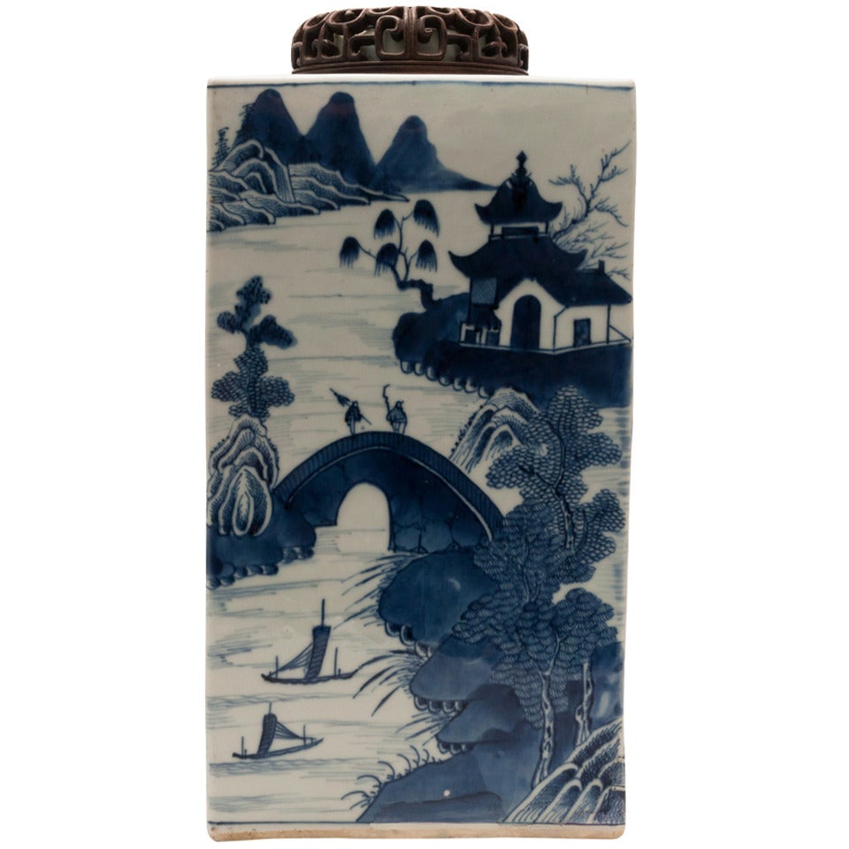 19th Century Chinese Export Canton Large Blue and White Tea Caddy For Sale