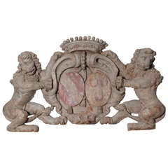 Early 18th Century Dutch Wood Carving of Pair of Lions with Coat of Arms