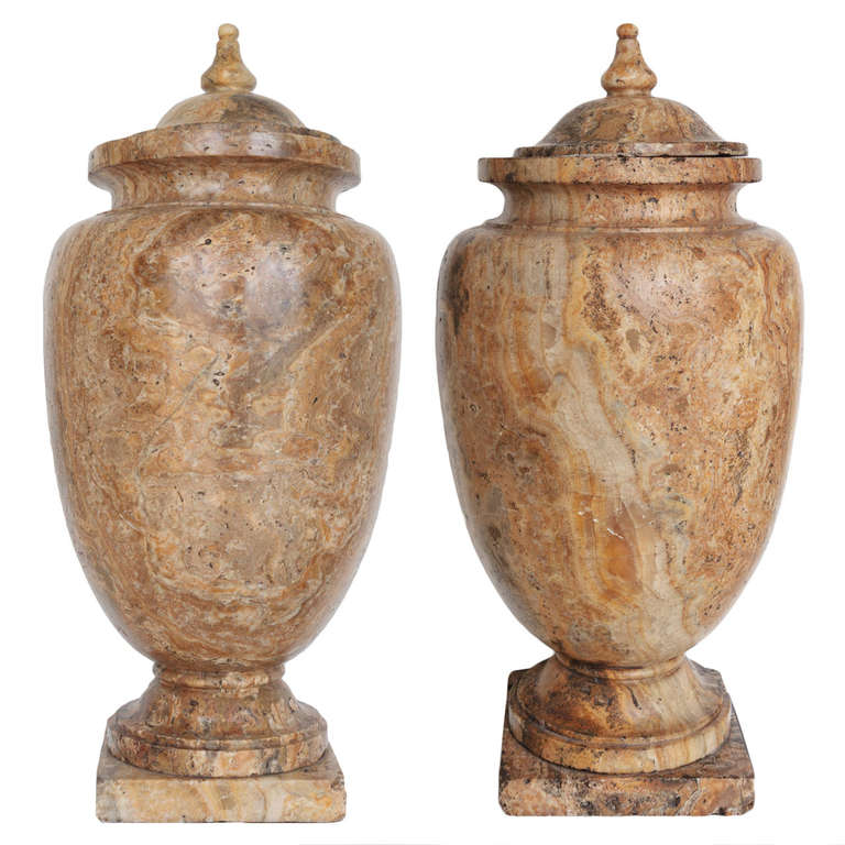 Early 19th Century Pair of Alabaster Riorati Urns For Sale at 1stdibs