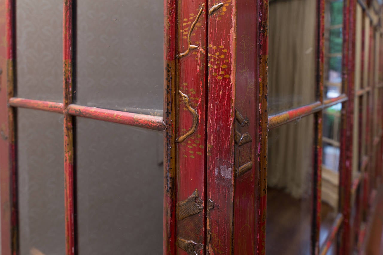 English Red Lacquer and Chinoiserie Double Cabinet