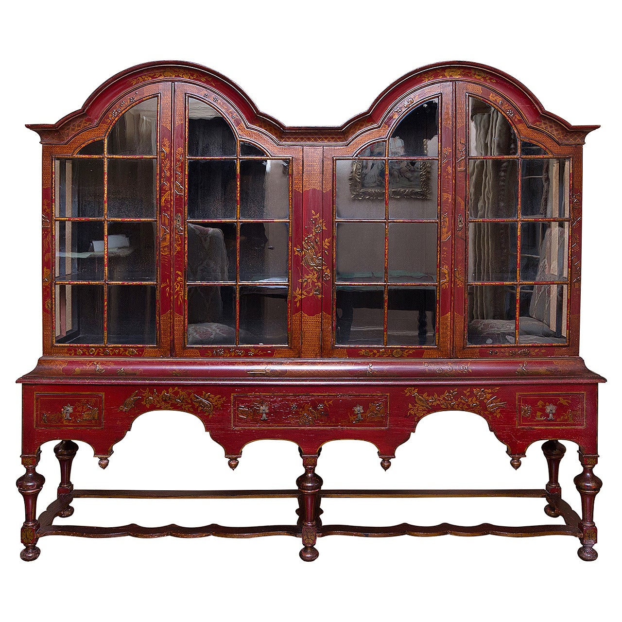 Red Lacquer and Chinoiserie Double Cabinet