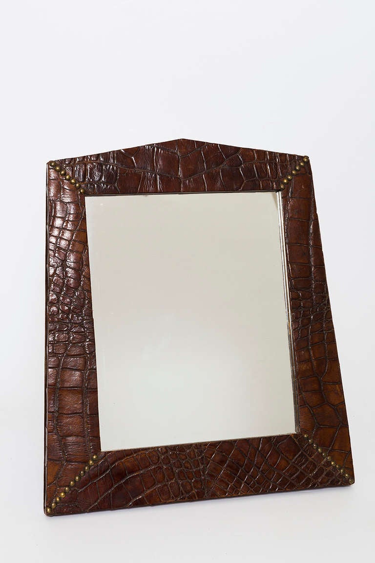 19th Century Alligator frame with inset mirror with brass studs on corners.