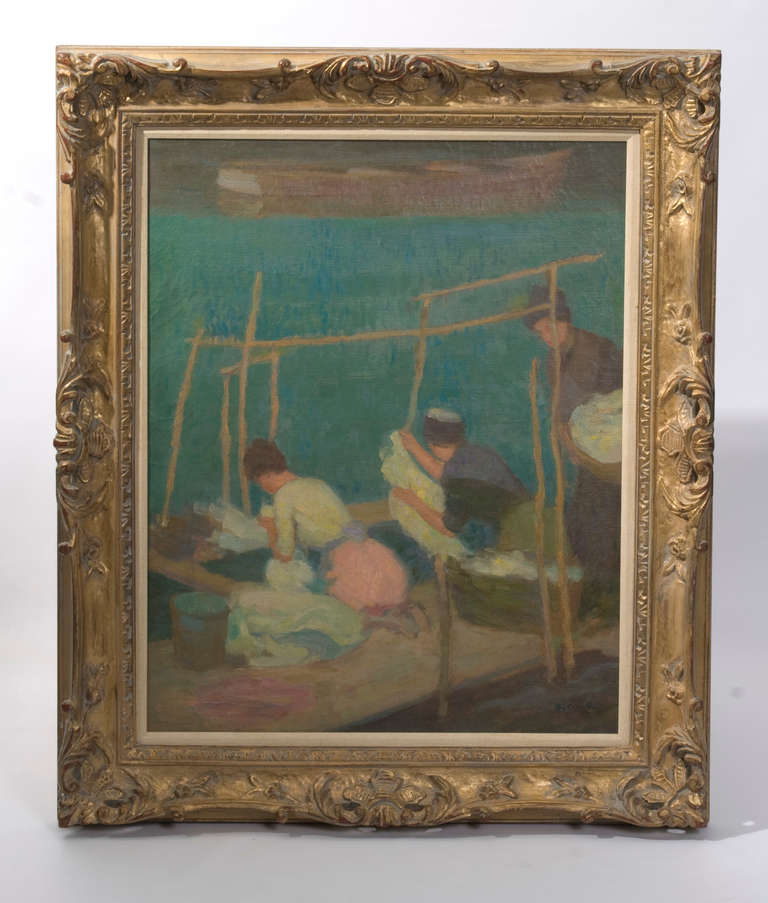 Artist Roy Gamble signed and dated lower right side. American artist (1887-1972). Dimensions: 30 x 24. Framed in a beautiful gold gilt frame.  Very pleasing colors and interesting subject. 