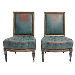 Pair of Early 20th Century Blue Leather Upholstered Slipper Chairs
