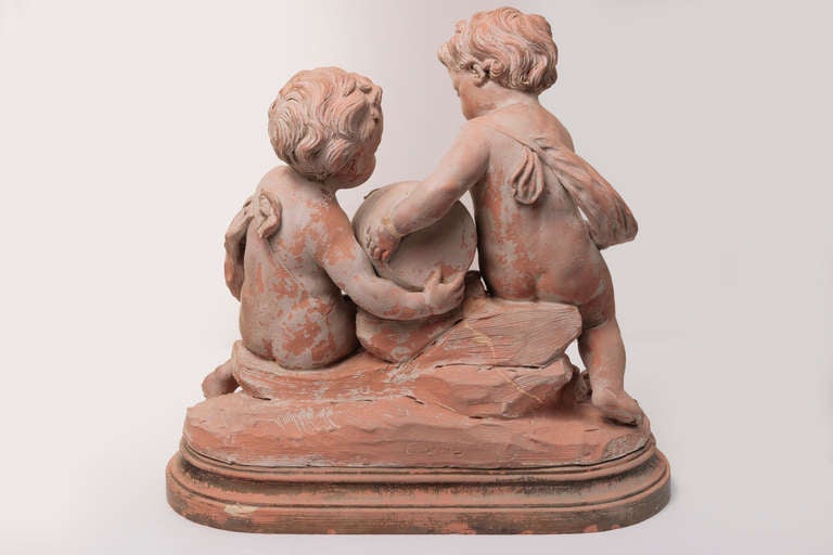 French Louis XVII Terracotta Figures of Two Putti Holding an Urn