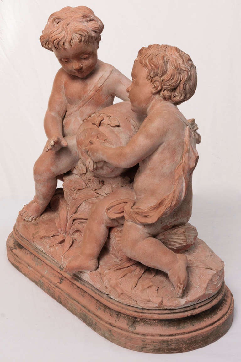 Classical Roman Louis XVII Terracotta Figures of Two Putti Holding an Urn