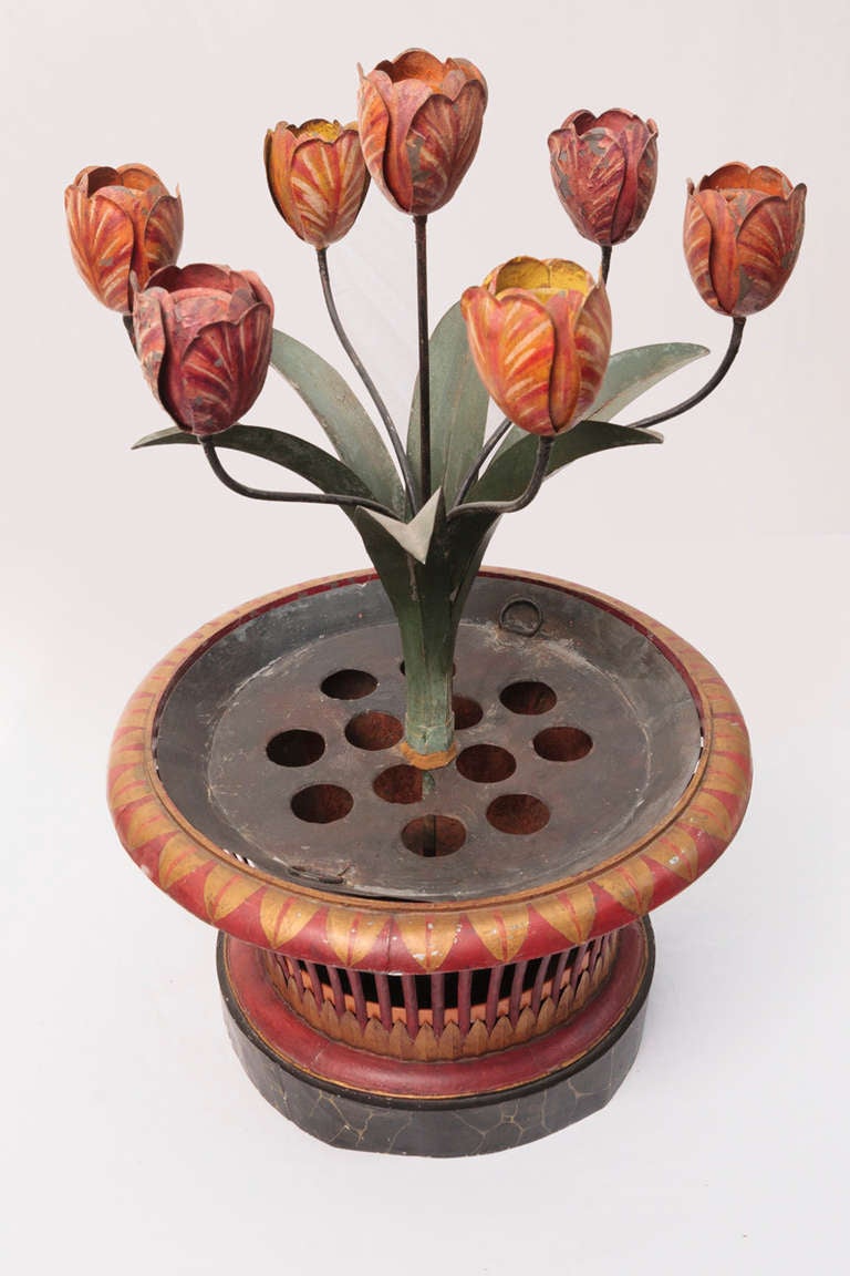 Very decorative French Tole Tulipiere cachepots with candle holders in the tulip centers.  