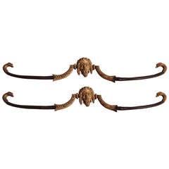 Antique Pair of 18th Century English Gilt Curtain Rods with Lionshead in Center
