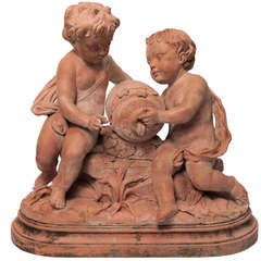Louis XVII Terracotta Figures of Two Putti Holding an Urn