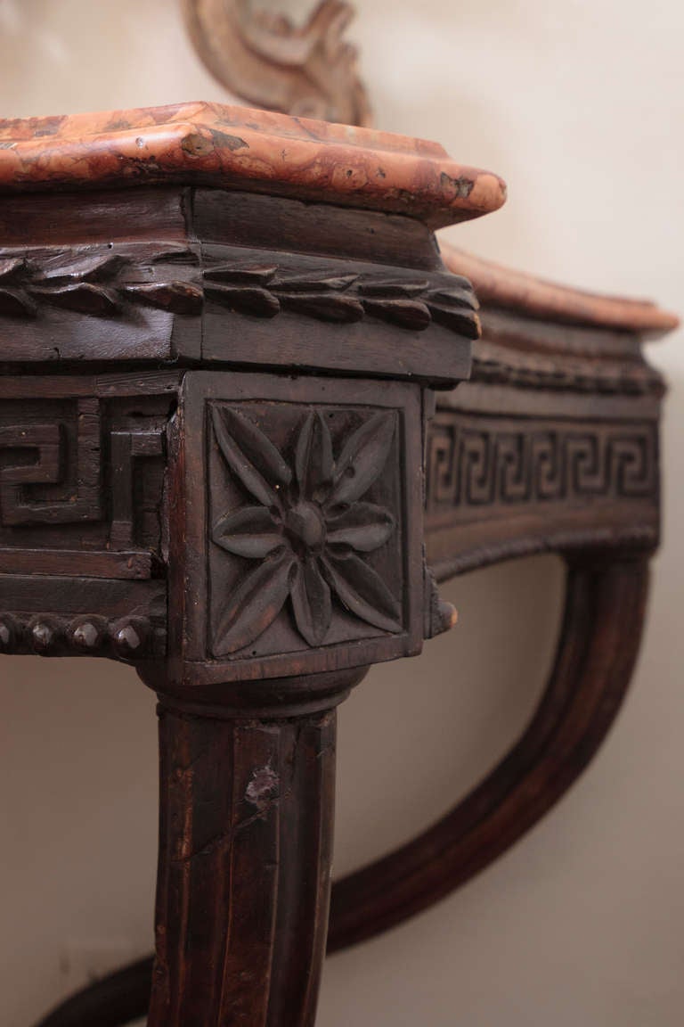 18th Century Italian Walnut Carved Console with Terracotta Colored Marble Top For Sale 1