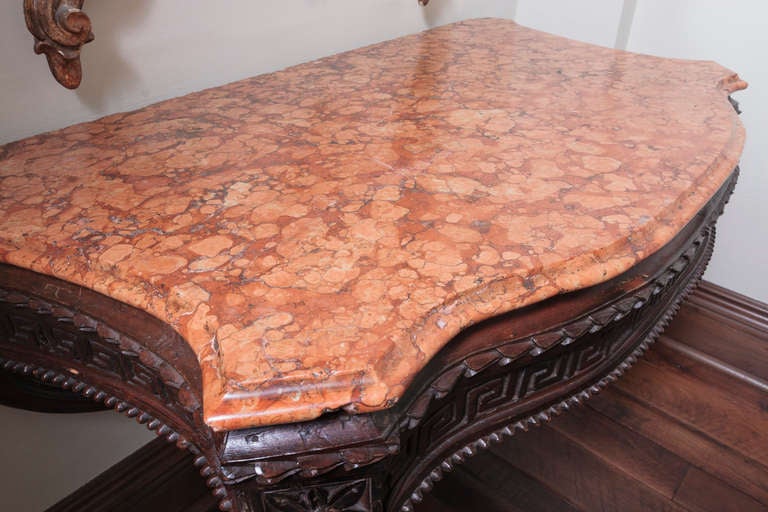 18th Century Italian Walnut Carved Console with Terracotta Colored Marble Top For Sale 3