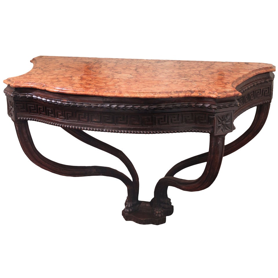 18th Century Italian Walnut Carved Console with Terracotta Colored Marble Top For Sale