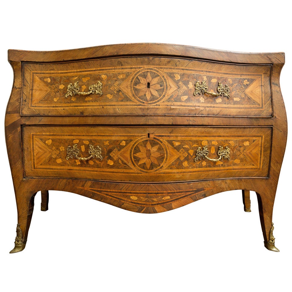 18th Century Inlaid Italian Commode with Bombe Shape and Dutch Marquetry For Sale