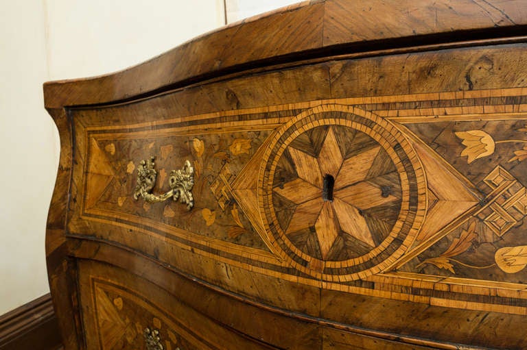 18th Century and Earlier 18th Century Inlaid Italian Commode with Bombe Shape and Dutch Marquetry For Sale