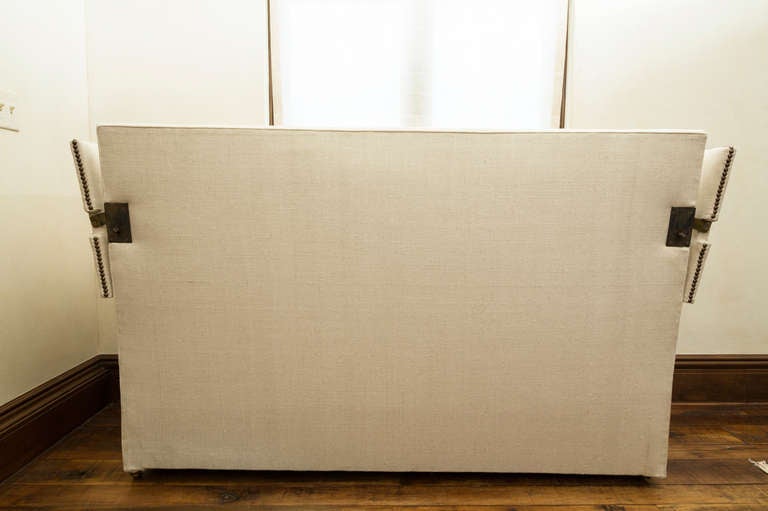 Mahogany 19th Century English Ratchet-Arm Sofa covered in White Linen Fabric
