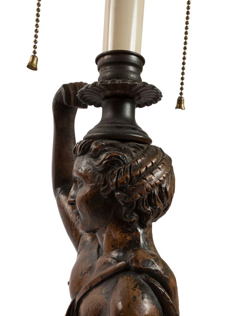Hand-Carved 19th Century Mythological Women and Snakes Wood Carved Lamps  For Sale