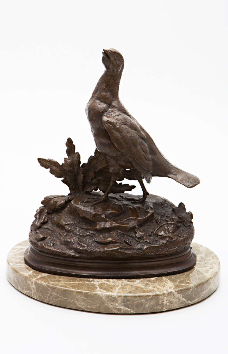 Bronze of a partridge on a marble plate signed "T. Moignier." By Jules Moigniez, circa 1890.