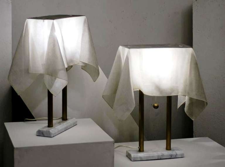 Pair of table lamps Nefer 1 by Kazuhide Takahama.  Structure in brass plated gold 24 ct., diffuser in fabric and white Carrara marble base.