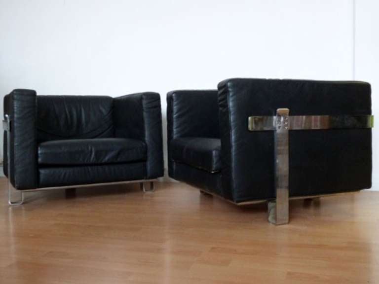 !960's Stainless Steel and Leather Armchairs