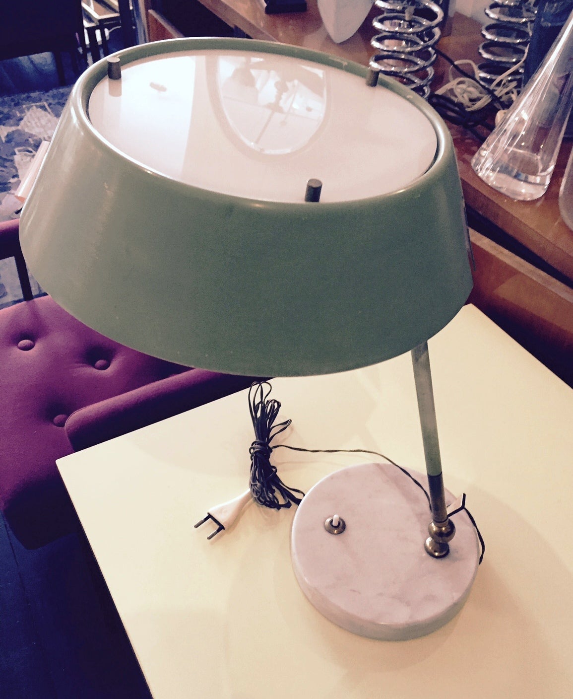 Table Lamp by Stilux.  green aluminum shade with lucite round top supported by a nickel plated brass adjustable arm with two joints, for multiple positioning. White Carrara marble base, has two light bulb sockets. Marked with label: Stilux Milano,