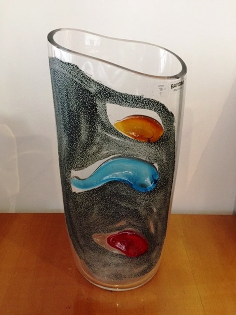 Freeform Murano glass  vase with inclusions of colored glass and  worked with acid