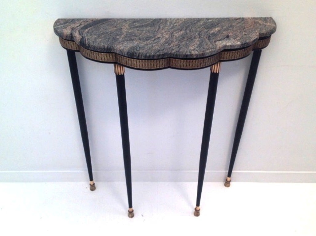 Small elegant French console in black metal , brass and granite stone
