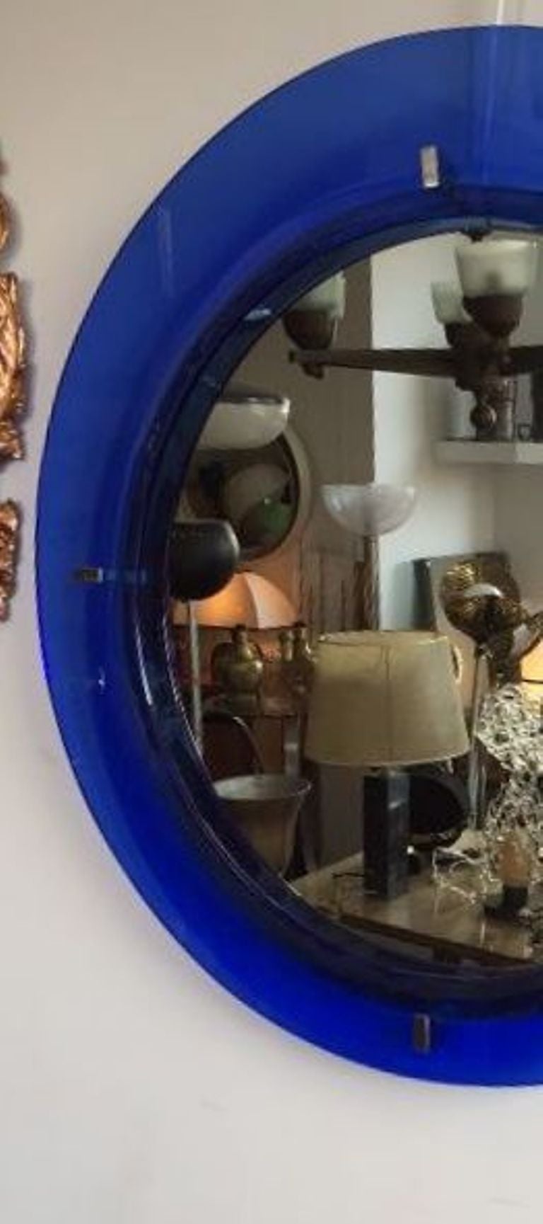 Italian 1960s Blue Glass Framed Round Mirror by Cristal Art