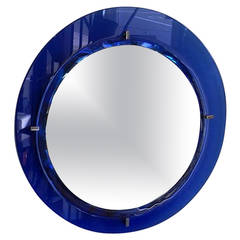 1960s Blue Glass Framed Round Mirror by Cristal Art