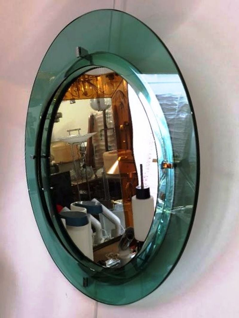 Italian 1960s Emerald Glass Framed Round Mirror by Cristal Art For Sale