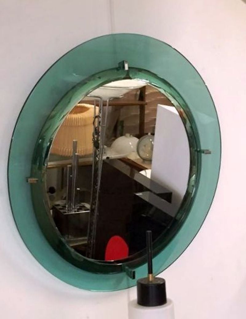 Mid-20th Century 1960s Emerald Glass Framed Round Mirror by Cristal Art For Sale
