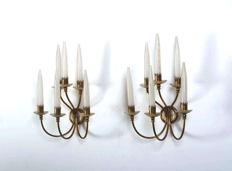 Pair of  Sconces  with 6 lights  by Angelo Lelii for  Arredoluce , lacquered metal, brass and  frosted glasses