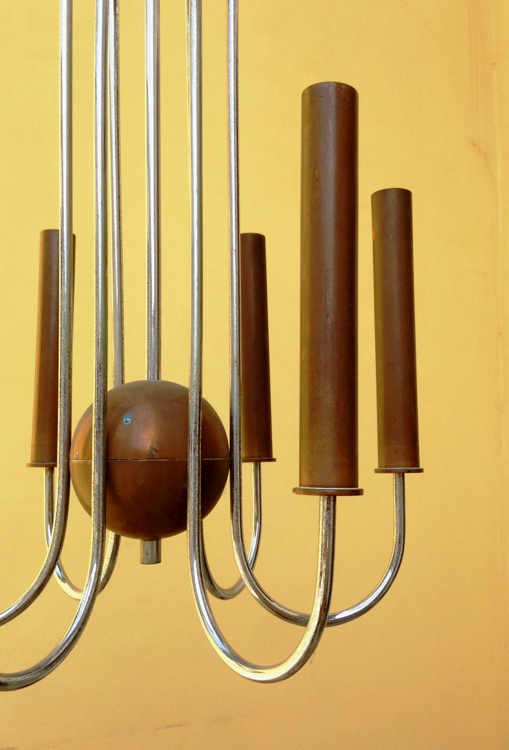Rationalist ceiling light in copper and chromed metal