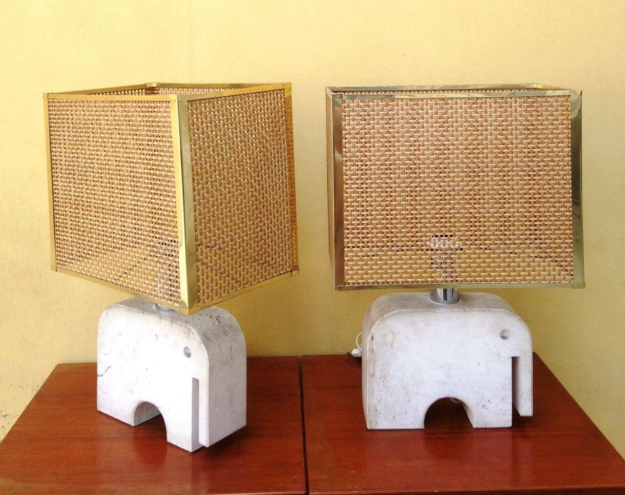 Pair of sculptural travertine lamps, original shades.