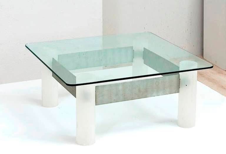 Lorenzo Burchiellaro 1970.s coffe table
Legs in perspex tubes of brushed aluminum beams etched,  glass top. Signed .