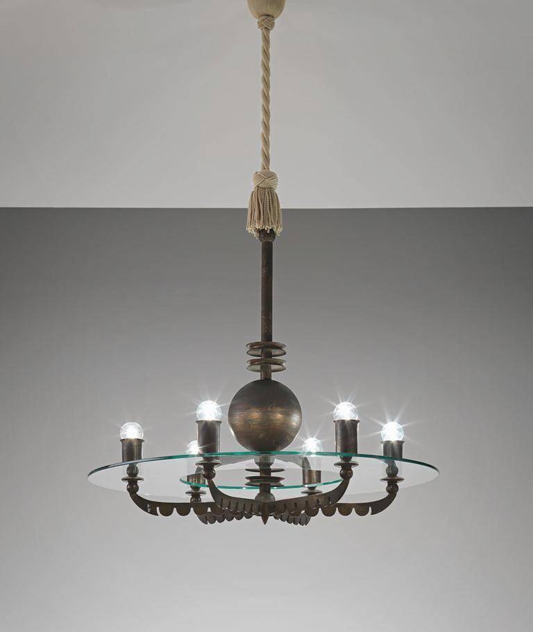 Elegant  Ceiling light designed by  Paolo Buffa in patinated bronze, glass, fabric

Produced by Achille Donzelli, Italy.