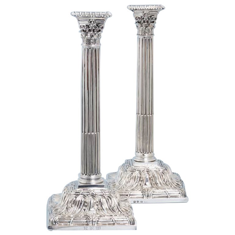 Pair of Impressive Silver George III Tall Corinthian Filled Candlesticks. For Sale