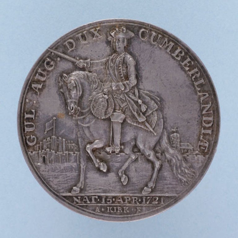 Beautifully detailed and rare silver medal of Carlisle taken, the rebels repulsed. December 1745. Obverse: The Duke of Cumberland on horseback, sword in hand, with Carlisle in the background. Legend: GUL. AUG : DUX CUMBERLANDLAE. Exergue: NAT . 15