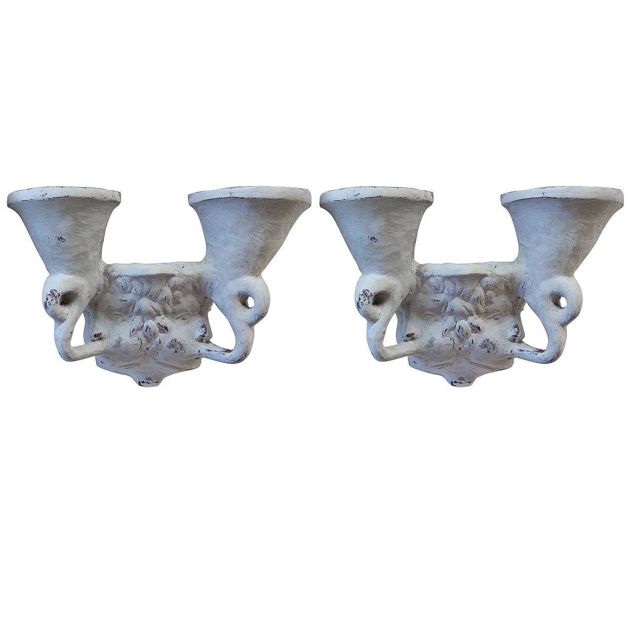 A pair of plaster patinated terracotta sconces designed by Androusov for André Arbus. Fully documented in the ARBUS monograph. Signed and dated 1947.