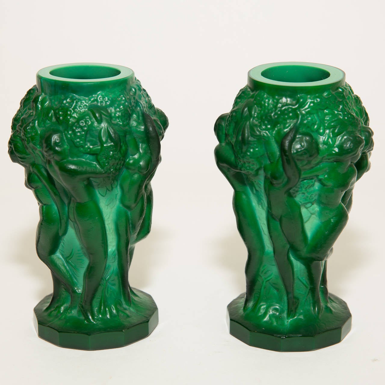 A pair of highly decorative malachite glass vases made by Heinrich Hoffmann ( Bohemia 1875-1939) in the early 1930's. Listed in his catalogue of works as 