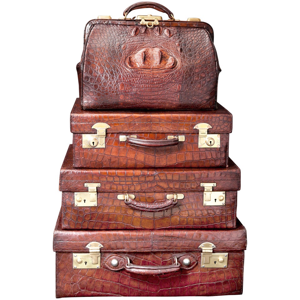 Vintage English Crocodile Luggage Collection For Sale