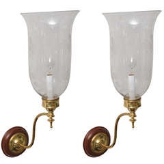 Antique Pair of late 19th C. Hand Blown Hurricane Shades on Brass Sconce Arms
