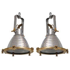 Pair of Vintage Nautical Chrome and Brass Ship's Deck LIghts