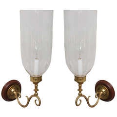 Pair of Late 19th C. Hand Blown Etched Hurricane Shades on Brass Sconce Arms